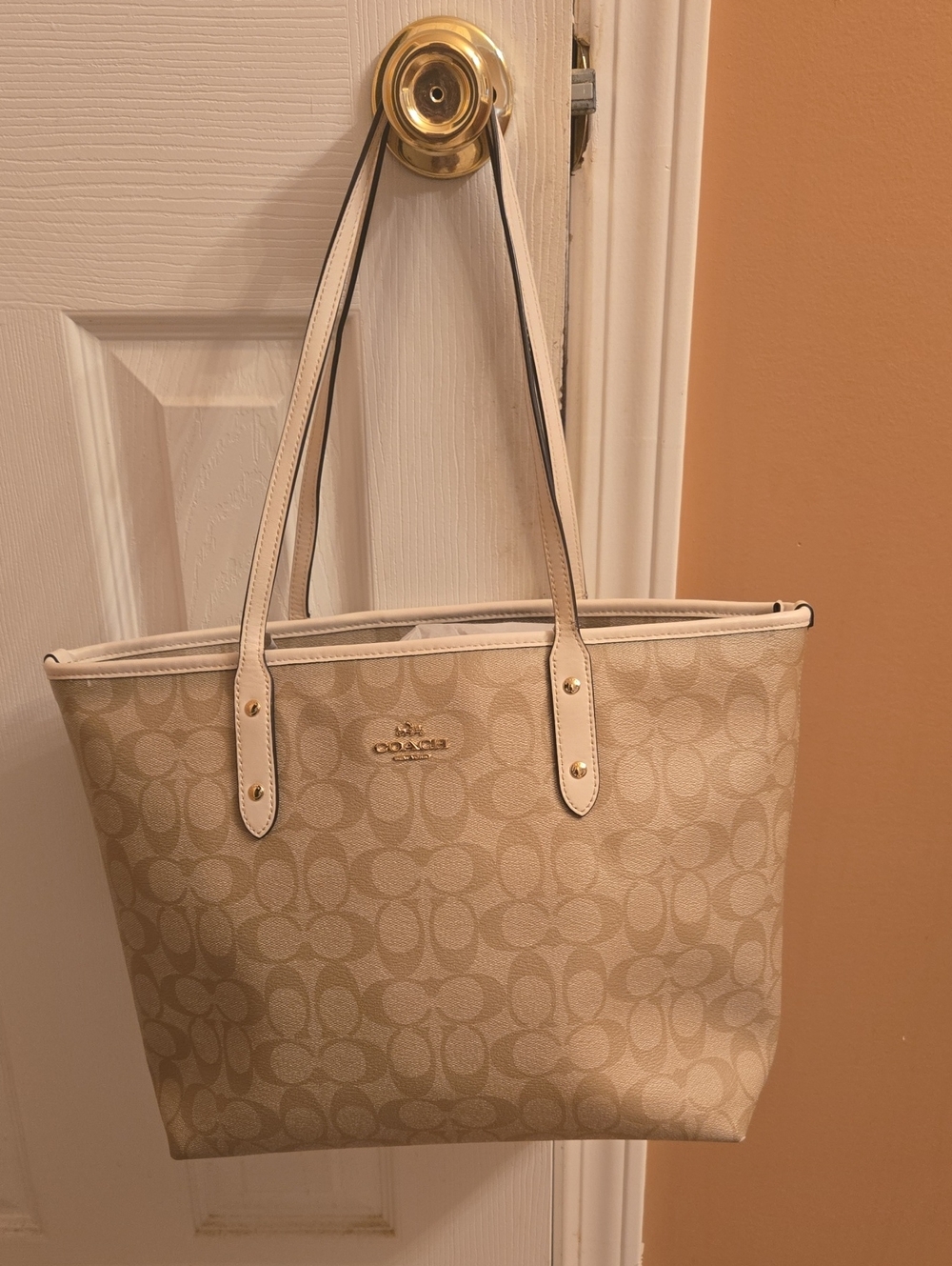 Coach Tan Signature Canvas Tote with Cream Trim